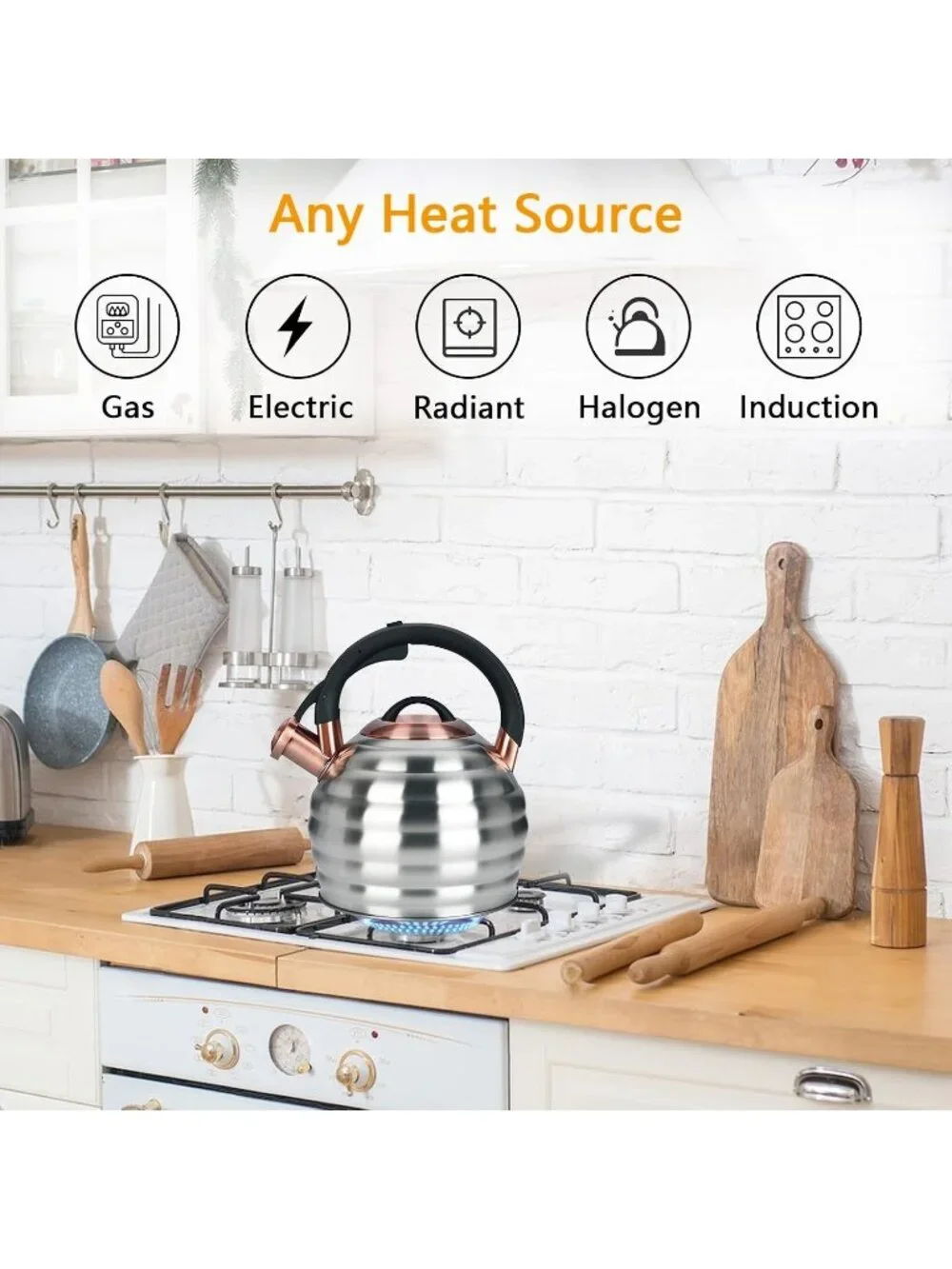 Silver Kitchen Whistling Teakettle 3.2Q Stainless Stovetop Heat Proof Handle